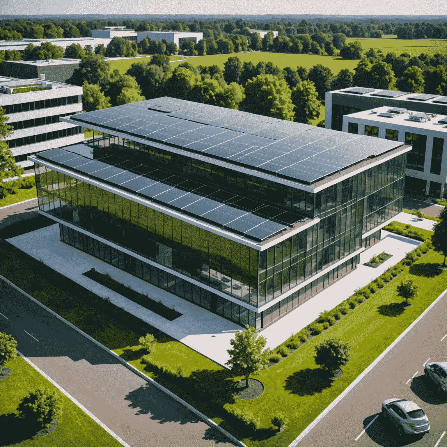 Ein modernes Bürogebäude mit Solarpanelen auf dem Dach, umgeben von grüner Landschaft. Das Gebäude hat eine futuristische Architektur mit großen Glasflächen, die die Umgebung reflektieren.