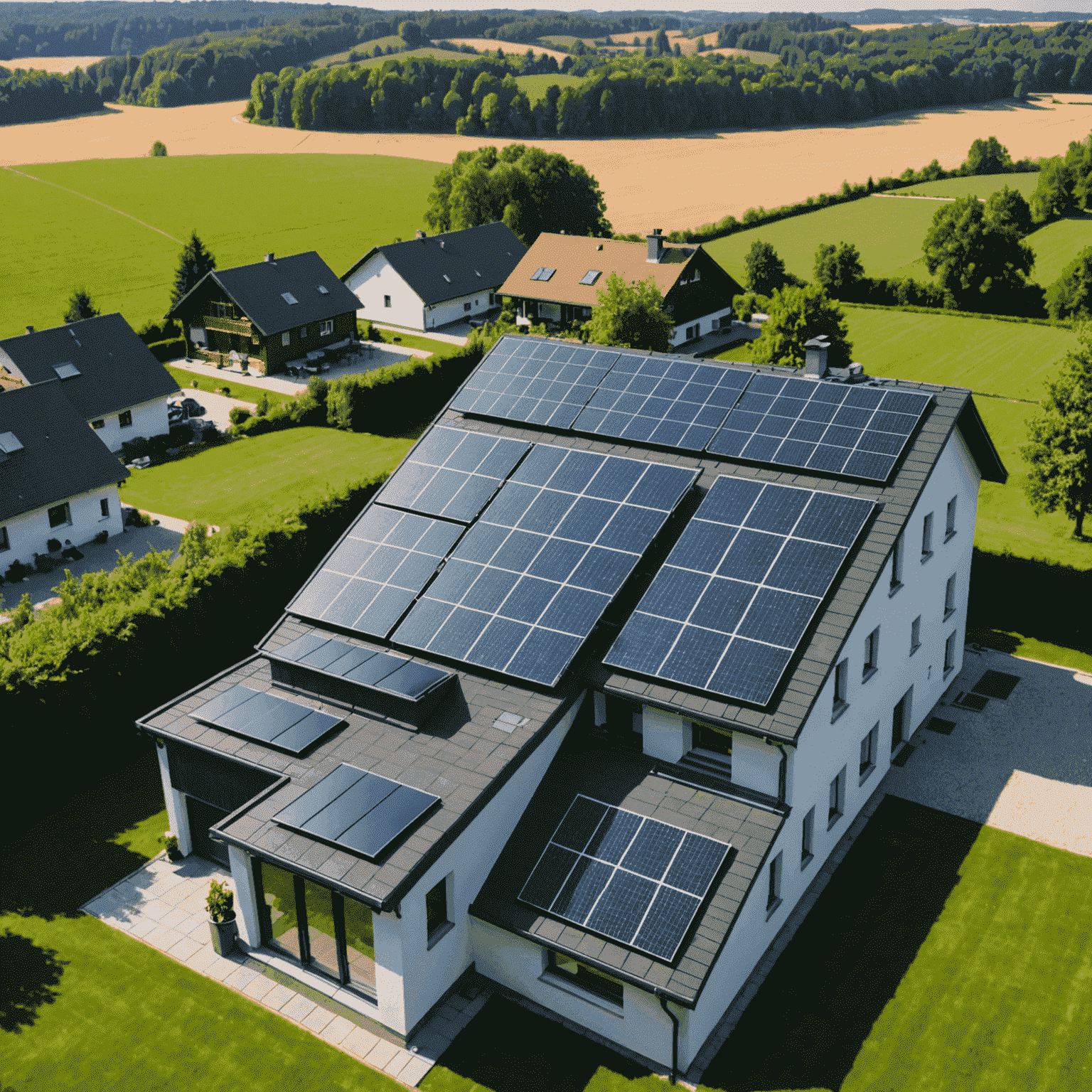 Eine moderne Solaranlage auf dem Dach eines deutschen Einfamilienhauses, umgeben von grüner Landschaft. Die Solarmodule glänzen im Sonnenlicht und symbolisieren die Verbindung von Technologie und Natur.