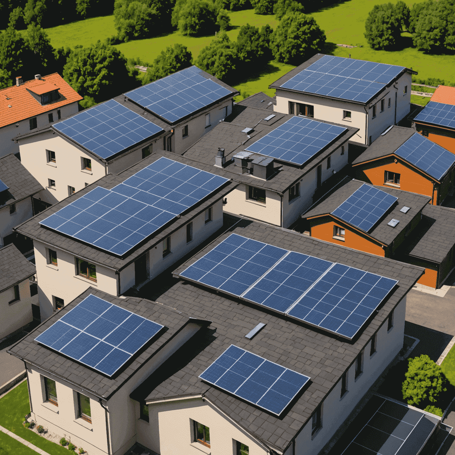 Mehrere Solarpanels auf Dächern von Wohnhäusern, die die Solarrevolution symbolisieren