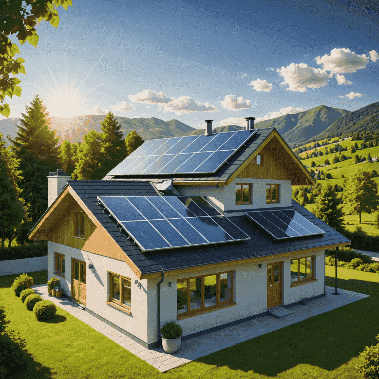 Eine moderne Solaranlage auf dem Dach eines Hauses, umgeben von grüner Landschaft. Die Sonne scheint hell und reflektiert auf den Solarpanelen, was die Effizienz und Umweltfreundlichkeit der Technologie symbolisiert.