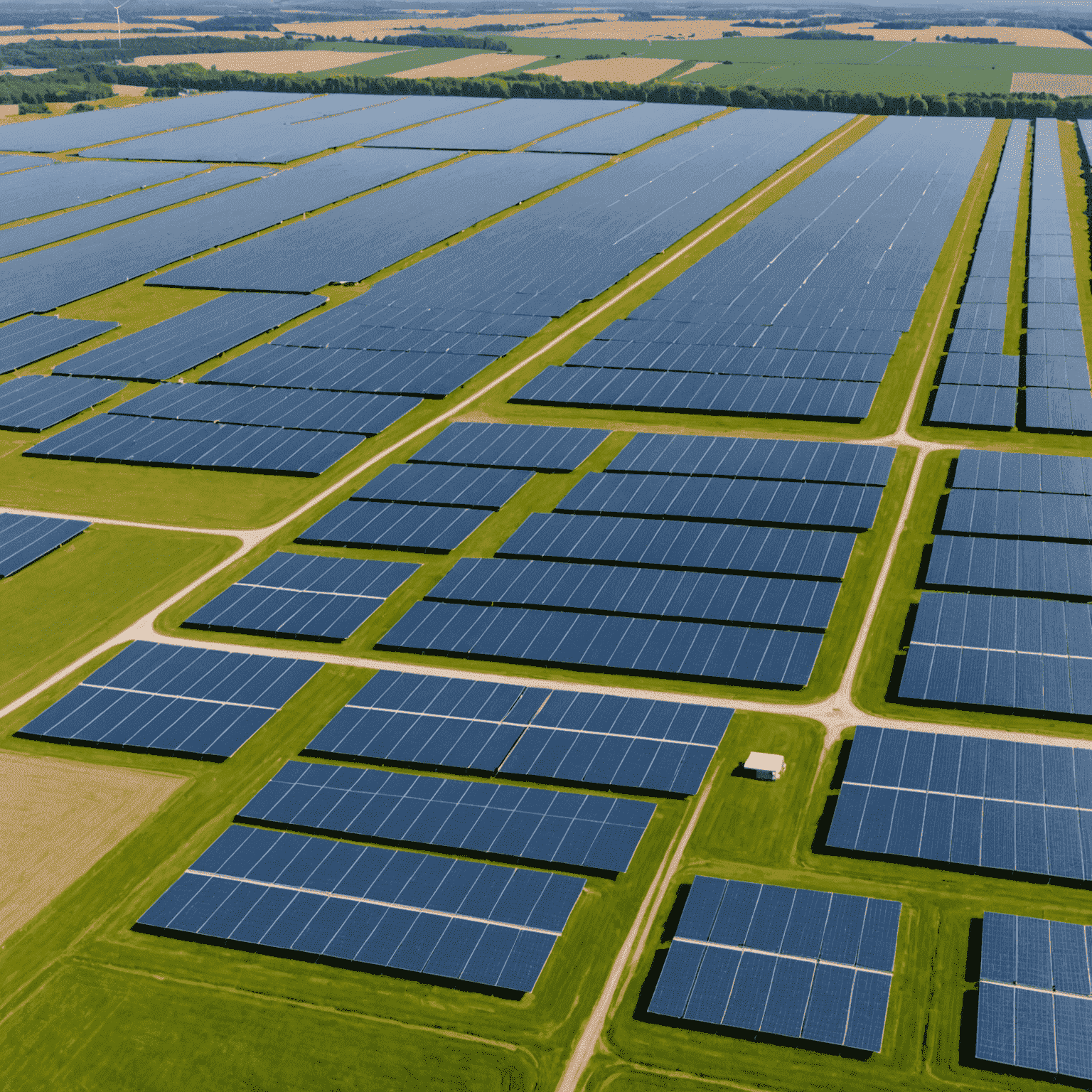 Luftaufnahme eines großen Solarparks in Deutschland mit modernen Photovoltaikmodulen, die sich über weite Felder erstrecken. Im Hintergrund sind Windkraftanlagen zu sehen, die die Vielfalt der erneuerbaren Energien in Deutschland symbolisieren.