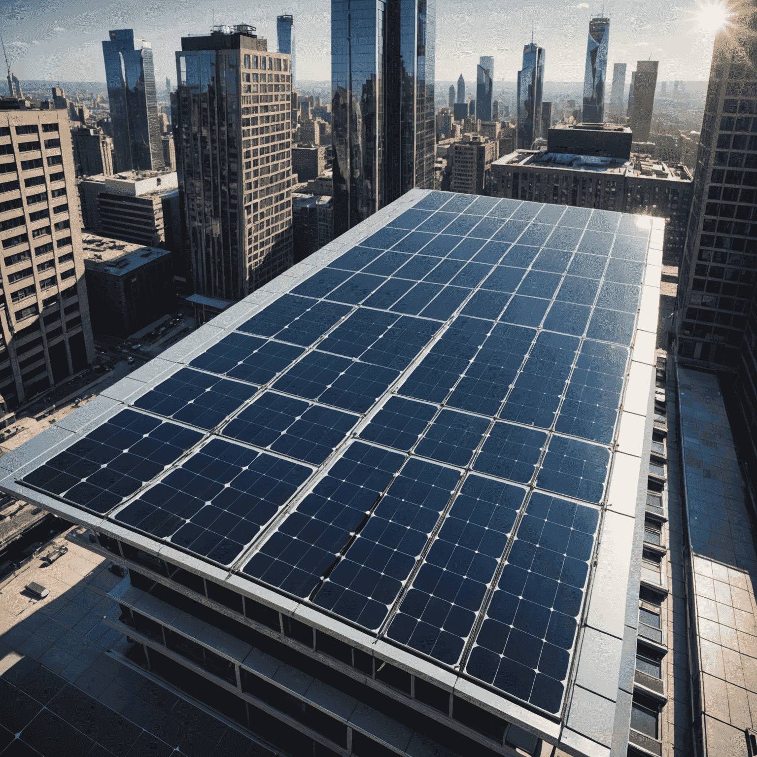 Futuristische Solarpanele auf einem modernen Gebäude, die das Sonnenlicht einfangen und in Energie umwandeln. Im Hintergrund ist eine fortschrittliche Stadtlandschaft zu sehen.