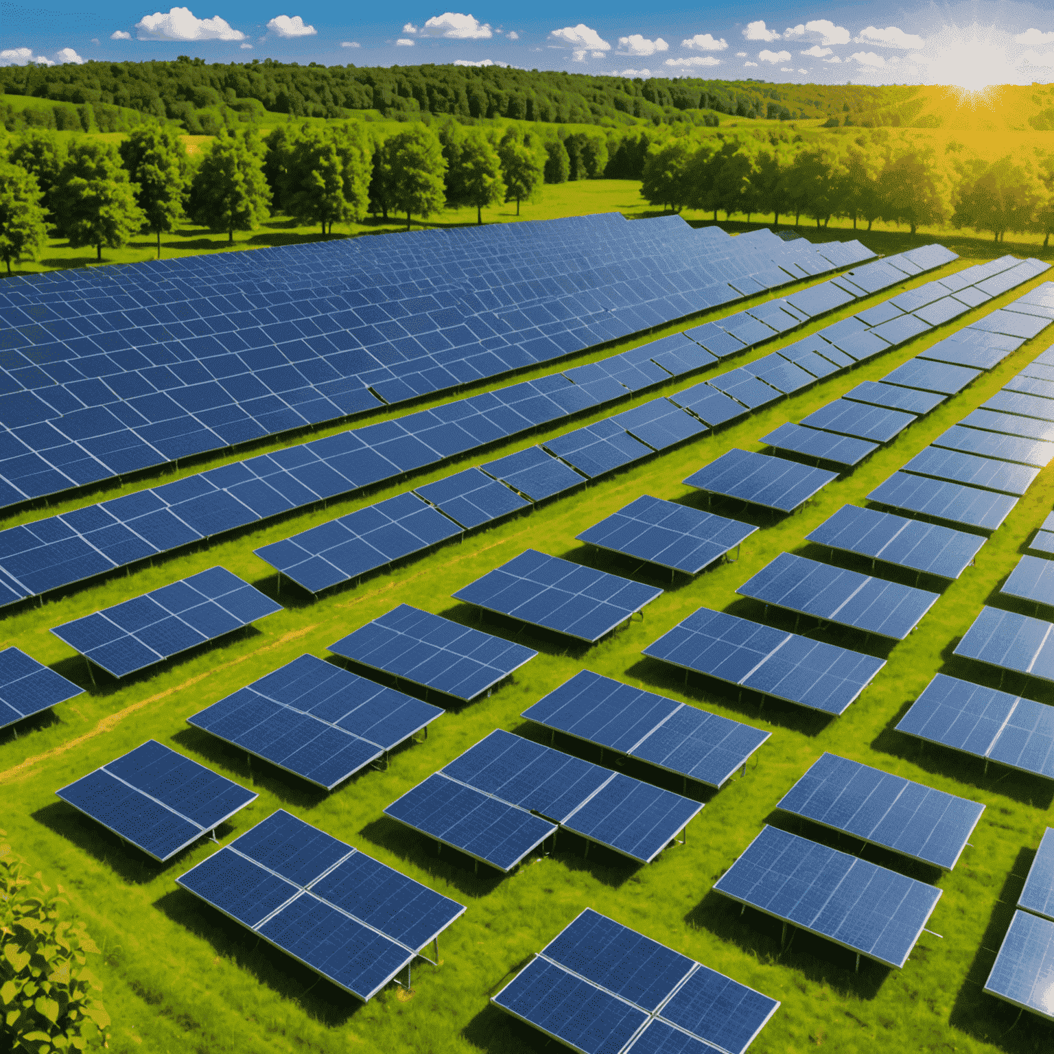 Ein Feld von Solarpanels unter blauem Himmel, umgeben von grüner Natur, symbolisiert die Verbindung zwischen Solarenergie und Umweltschutz.