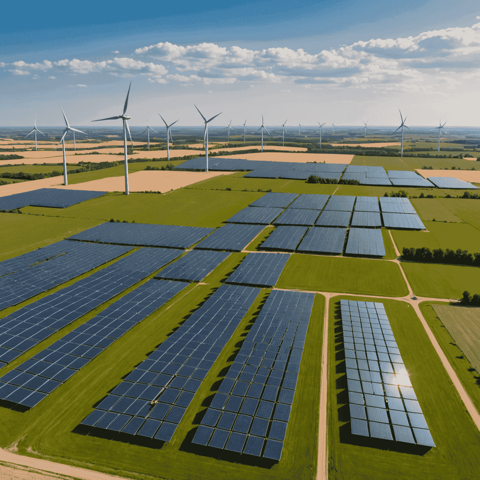 Großer Solarpark in einer deutschen Landschaft mit Windrädern im Hintergrund