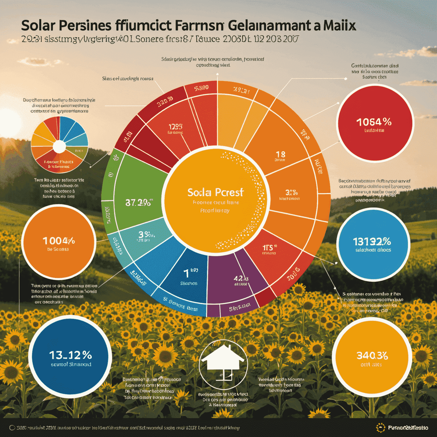 Infografik, die den Anteil der Solarenergie am deutschen Strommix zeigt. Ein Kreisdiagramm illustriert den wachsenden Anteil der Solarenergie von 2010 bis 2024, mit einer Prognose für 2030. Daneben sind Symbole für verschiedene Energiequellen zu sehen, wobei das Solarsymbol hervorgehoben ist.