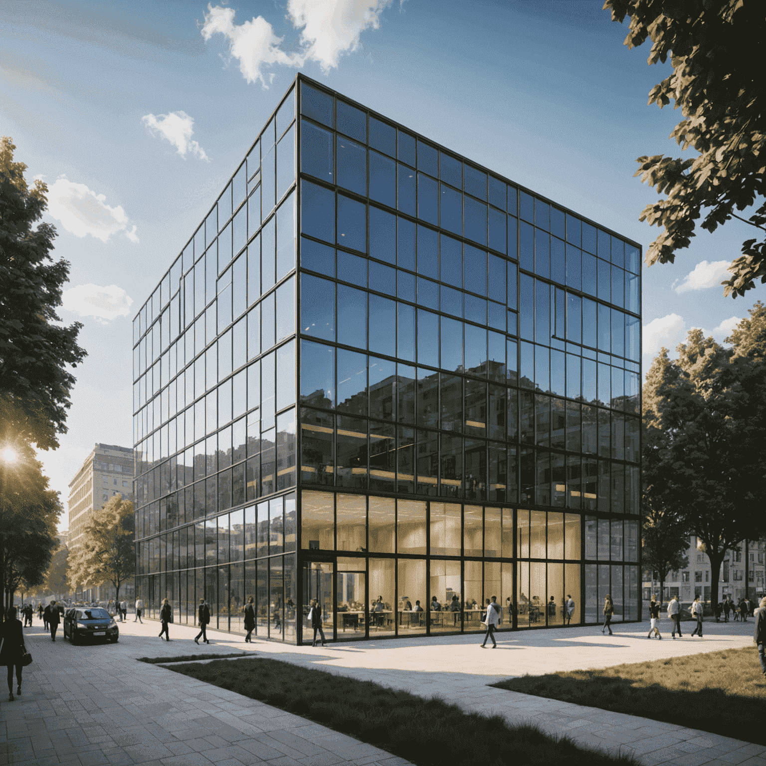 Ein modernes Bürogebäude mit großen Glasfronten, die als transparente Solarzellen fungieren. Menschen arbeiten im Inneren, während die Fenster Sonnenenergie in Strom umwandeln.