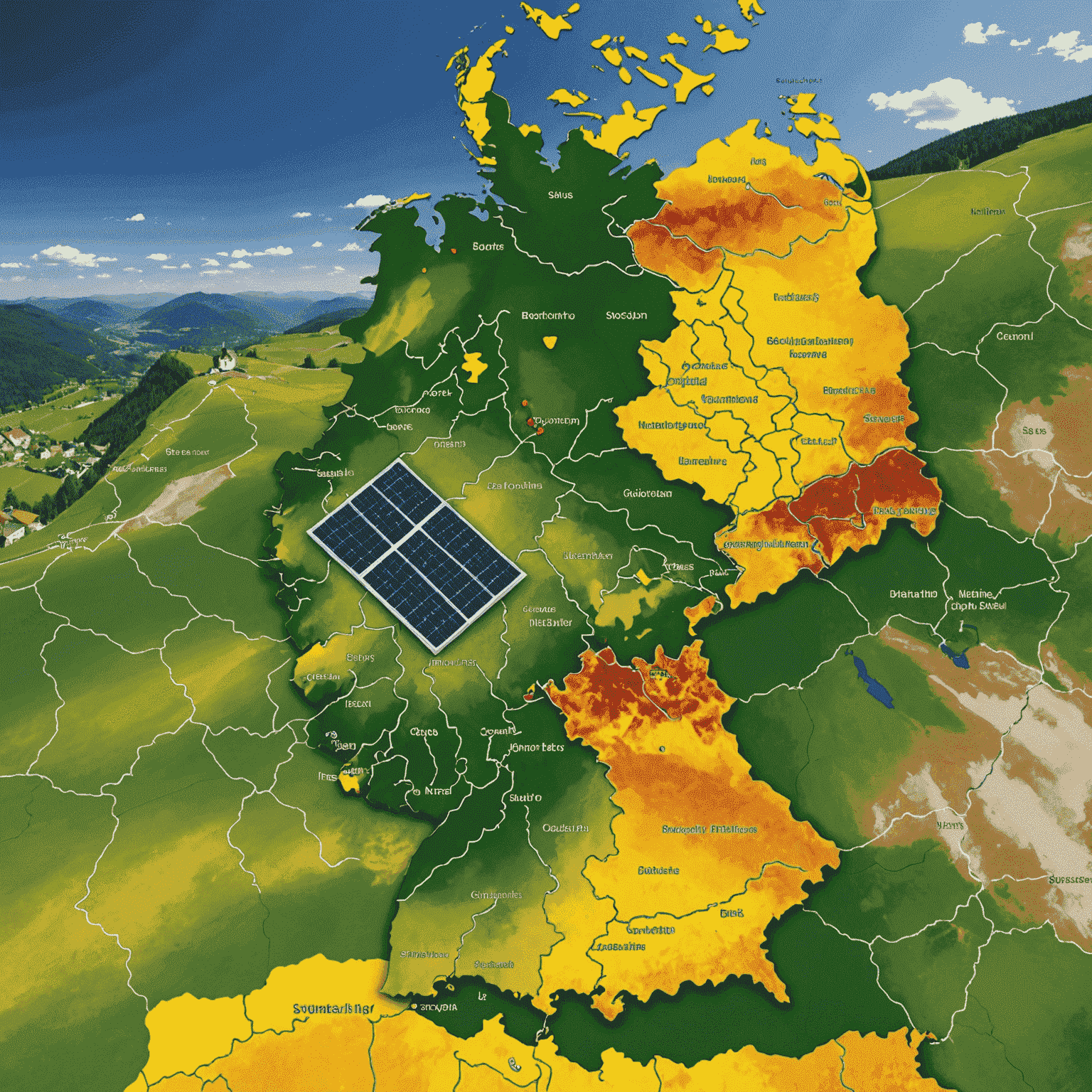 Eine Karte von Deutschland mit hervorgehobenen Solaranlagen und Statistiken zur Solarenergienutzung im Land.