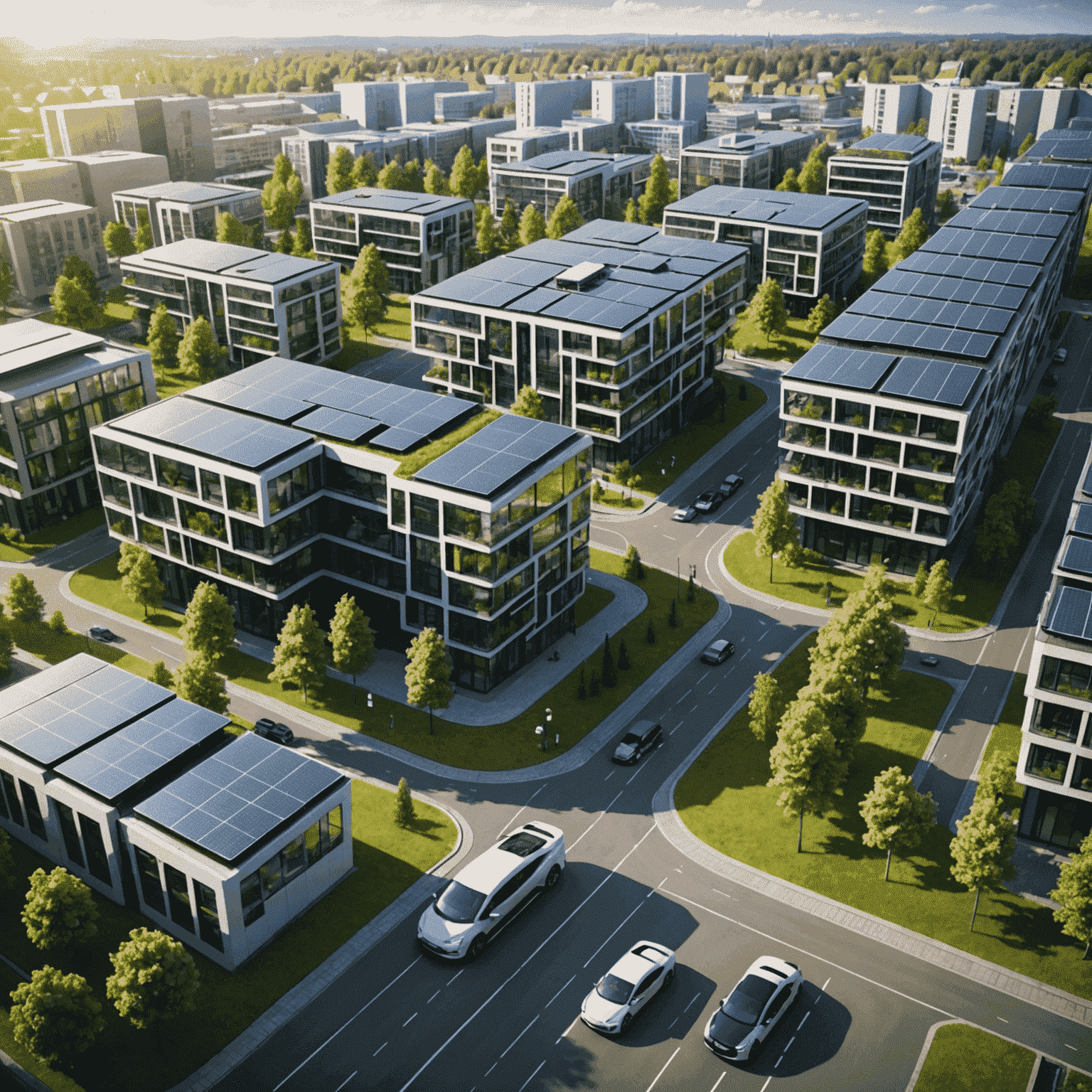 Futuristische 3D-Renderung einer deutschen Stadt im Jahr 2030. Gebäude sind mit integrierten Solarpanelen an Fassaden und Dächern ausgestattet. Im Vordergrund ist ein innovativer Energiespeicher zu sehen, der wie eine moderne Skulptur gestaltet ist. Elektrofahrzeuge und grüne Stadtbereiche unterstreichen das nachhaltige Stadtkonzept.