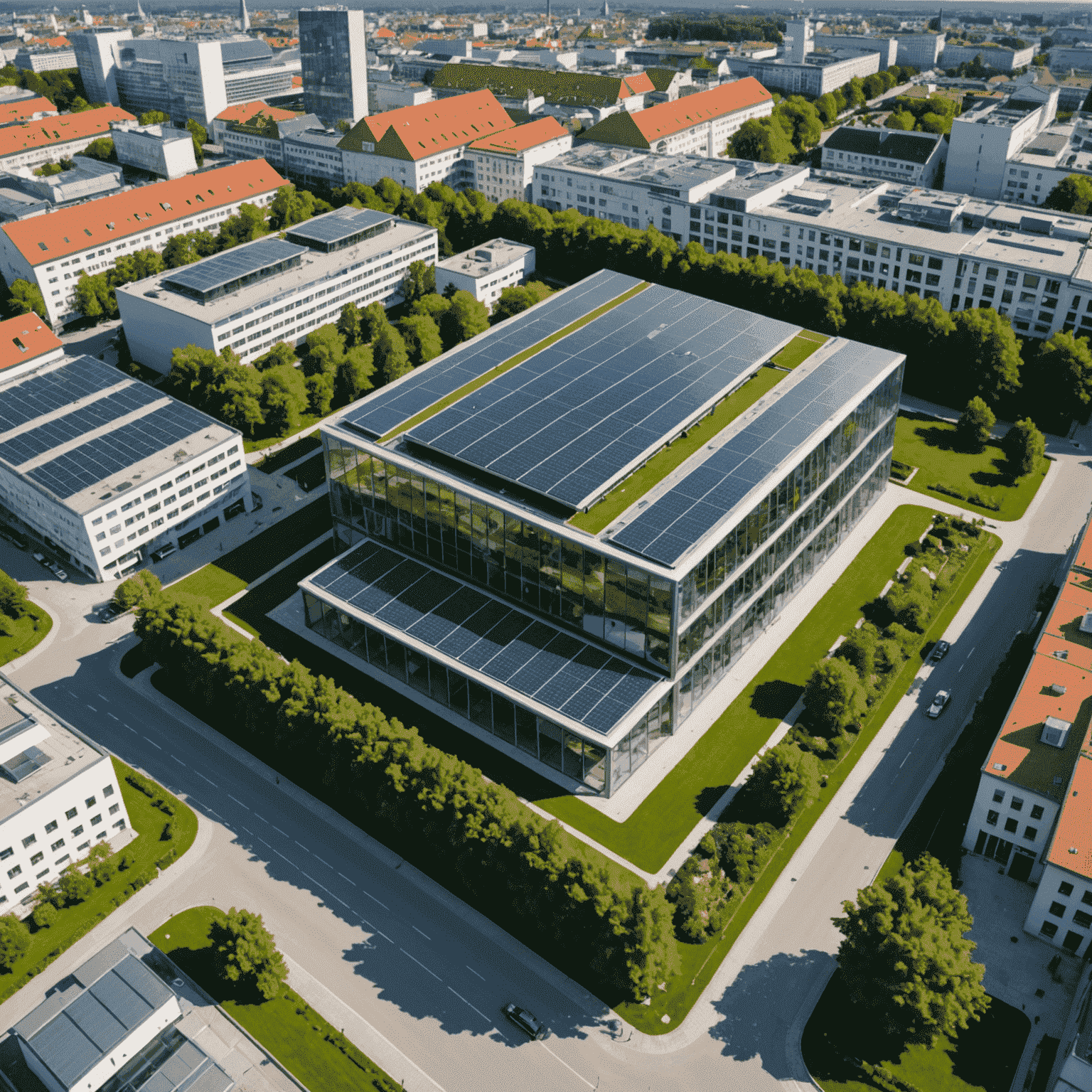 Luftaufnahme des VerdePower-Hauptsitzes in München. Ein modernes, energieeffizientes Gebäude mit einer großen Solaranlage auf dem Dach. Im Vordergrund sieht man den Englischen Garten und im Hintergrund die Skyline von München.