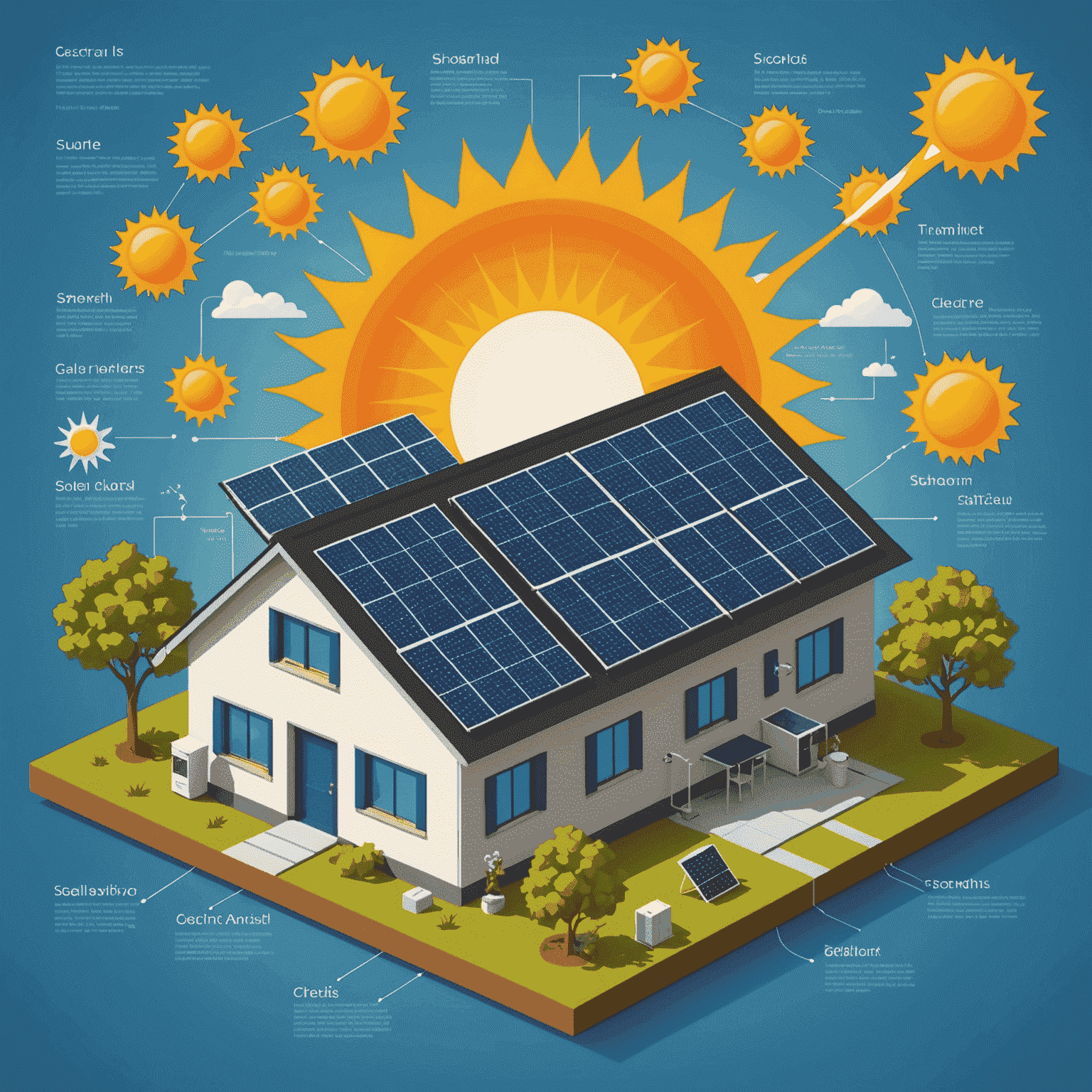 Eine Infografik, die den Weg der Solarenergie von der Sonne über Solarzellen bis hin zum Haushaltsstrom zeigt.